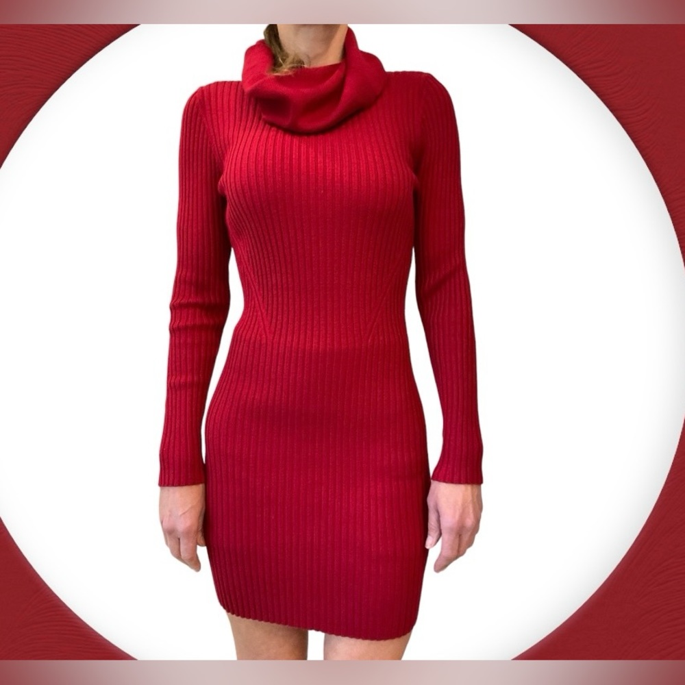 Valentine Red Sweater Dress Bodycon Fit Long Sleeve, Cow Neck, Short Length Sz S - Picture 8 of 11